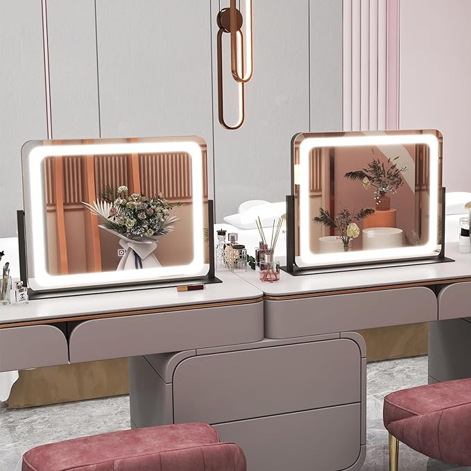 22x17 Inch Lighted Vanity Mirror with Dimmable LED Lights - 3 Color Modes, Smart Touch Control & 360° Rotating Base - Desk Makeup Mirror (Black)