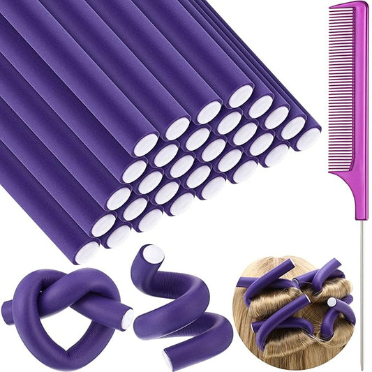 Syhood 30 Pieces Flexible Curling Rods Twist Hair Rollers Soft Foam Rods No Heat and 1 Pcs Steel Rat Tail Comb for Women Long and Short Hair(7 x 0.8 Inch,Purple)