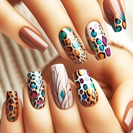 Cheetah Medium Square False Nails Leopard Print Press on Nails Glossy Brown Acrylic Fake Nail Leaves Gel Glue on Nail 24Pcs Curve Line Stick on Fingernails for Coquette Women Girls
