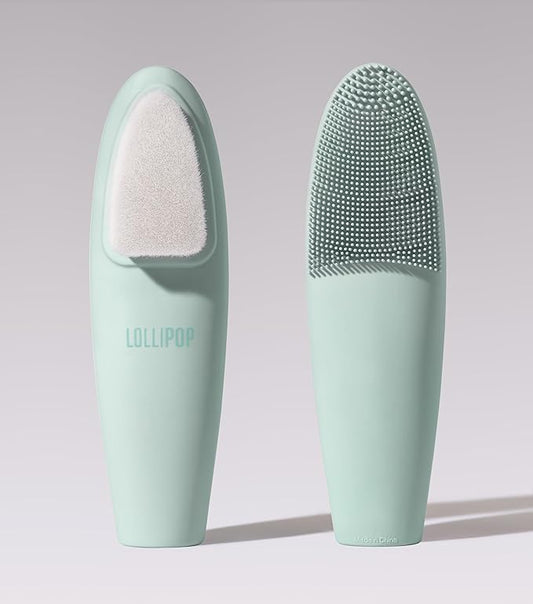 LOLLIPOP Dual-Sided Facial Cleansing Brush | Handle Size Silicone Face Exfoliator and Soft Fiber Cleanser | Manual Face Scrubber for Pores, Makeup Removal, Blackhead and Skincare Routine, Minty