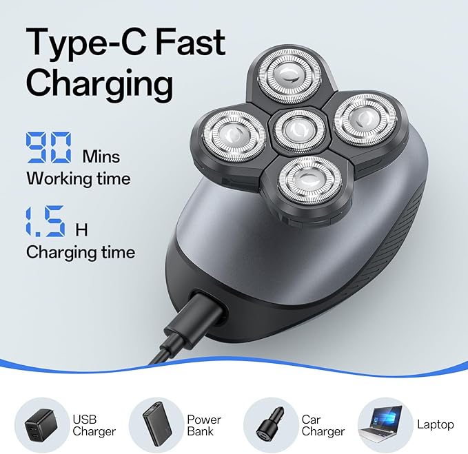 Electric Razor for Men, Head & Body Hair Shaver for Men, Cordless Rechargeable Wet/Dry Bald Head & Groin Waterproof Razor with Rotary Blades,Clippers, Beard Trimmer,Nose Trimmer, Brush (Gray)