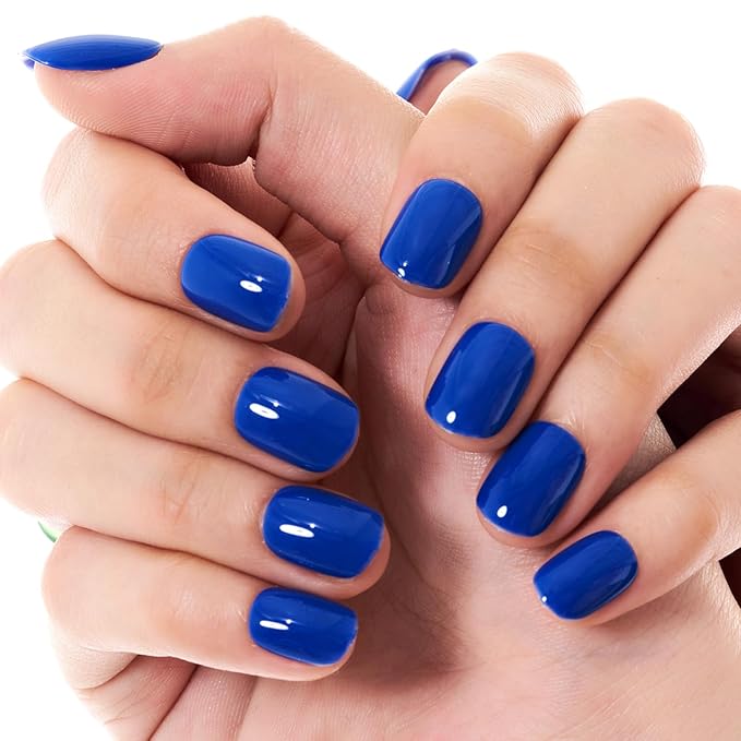 GLAMERMAID Extra Short Press on Nails 24PCS, Royal Blue Jelly Fall Gel Glue on Nails, Glossy Round Reusable UV Finish Fake Nails Acrylic False Nails Manicure Kits for Women
