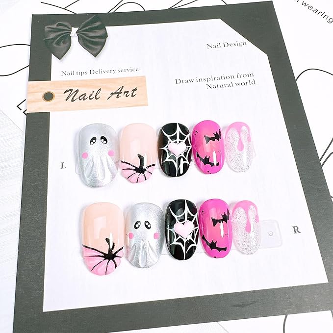 24pcs Halloween Press on Nails Short Almond Fake Nails with 3D Pumpkin Pink Heart Designs Cute Ghost False Nails Bat Spider Web Acrylic Nails Kit Full Cover Glue on Nail for Women Nail Decoration