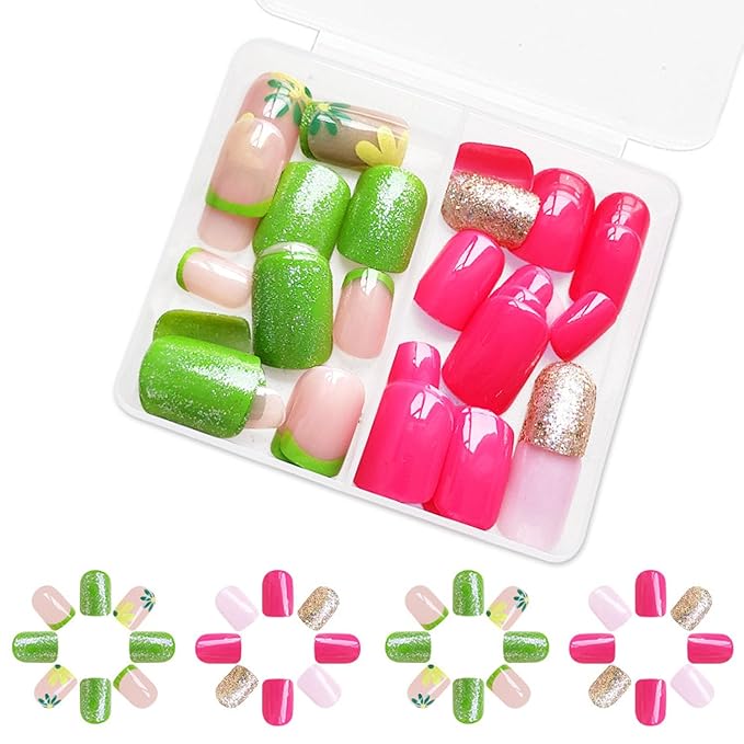 48Pcs Short Press on Nails Square Fake Nails with Sparkling Glitter Floral Design Green Pink French Tip Press ons Kit Flower Stick on Nails Spring Summer Nail Art Decorations for Women Daily Wear