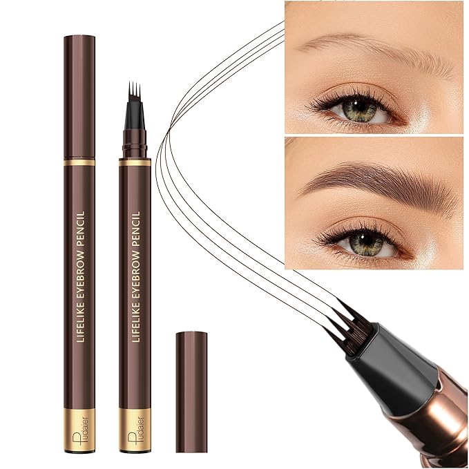 2 Pack 4-Tip Microblading Eyebrow Pen with 2 Brow Brushes, Waterproof Vegan Formula Eyebrow Pencils for Women to Effortlessly Create Natural Hair-Like Strokes, All-Day Wear (Dark Brown)