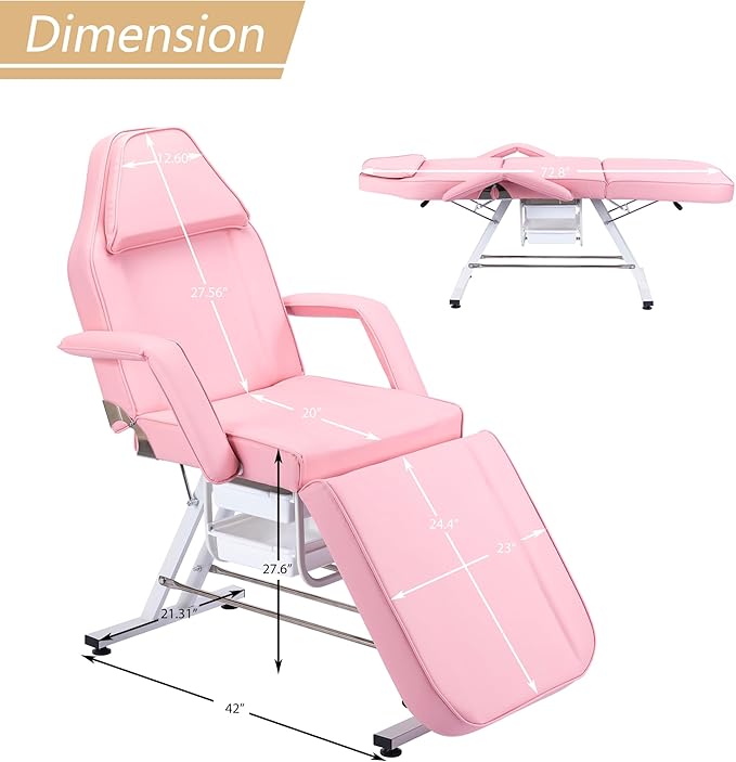 Tattoo Chair Facial Bed with Two Trays Esthetician Bed Adjustable Folding Salon Bed with Hydraulic Stool Massage Bed for Professional Massage Facial Lash Beauty Treatment Spa,Pink