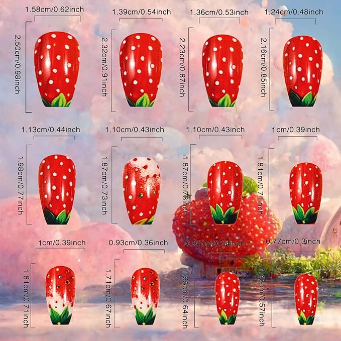 24Pcs Strawberry Press on Nails Glossy Red Medium Coffin False Nail Fruit Acrylic Full Cover Fake Nails Green Leaves Gel Glue on Fingernails French Tips Stick on Nail for Holiday Manicure Art