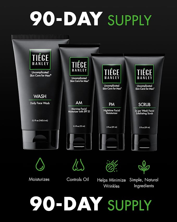 Tiege Hanley 90 Day Large Skin Care Set for Men, Essential Routine, System Level 1, Daily Face Wash, Facial Scrub, Moisturizer With SPF, and Night Cream for Healthy Skin, Men’s Skin Care, 4 Piece Kit