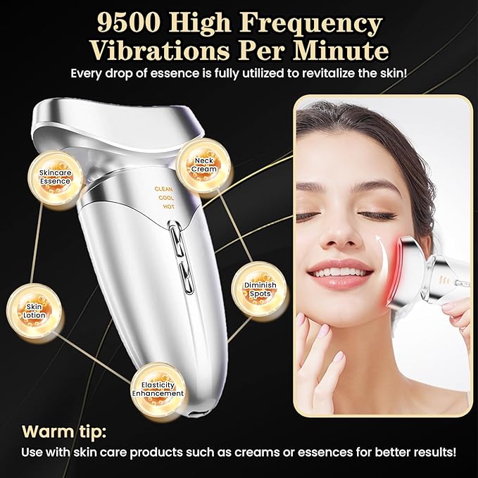 Red Light Beauty Device for Face and Neck, Based on High-end Red and Blue LED Light, Facial Cold and Hot, Vibration Technology, 3 Color Led Face and Neck Beauty Device for Home Use, Pearly White
