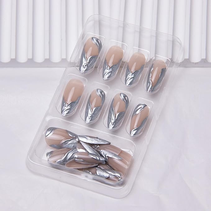 Silver Press on Nails Medium Almond Fake Nails 3D Line Stiletto False Nails with French Tip Acrylic Nails Silver Chrome Artificial Nails for Women Girls Manicure Art Decoration 24Pcs