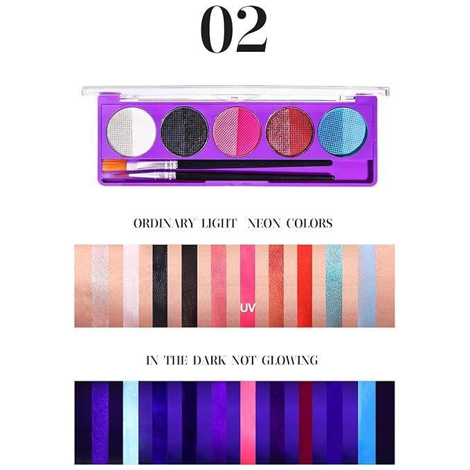 MEICOLY 10 Colors Water Activated Eyeliner Palette, Blue Sally Makeup Neon Face Paint Kit,Colored Retro Halloween Hydra Liner,Matte Graphic Eyeliner, UV Blacklight Fluorescent Glow Face Body Paint,02