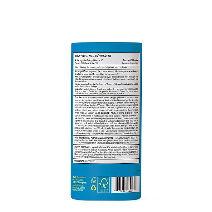 ATTITUDE Mineral Sunscreen Stick for Kids, SPF 30, EWG Verified, Plastic-Free, Broad Spectrum UVA/UVB Protection with Zinc Oxide, Dermatologically Tested, Vegan, Unscented, 2.1 Ounces