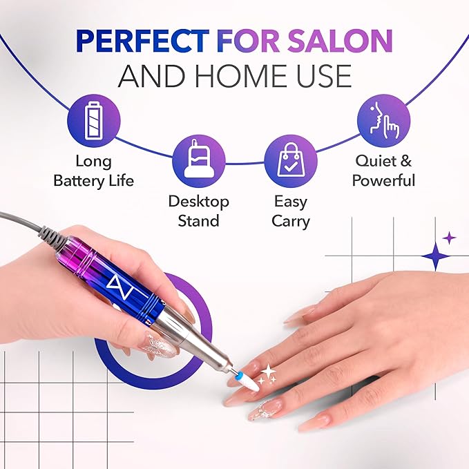 M Mase- Professional Nail Drill Machine - Coreless 2-in-1 Nail File - Electric, Cordless, 35000 RPM, HD Display - Electric Nail Drill for Professional & Home Use (Unicorn Pink Blue)