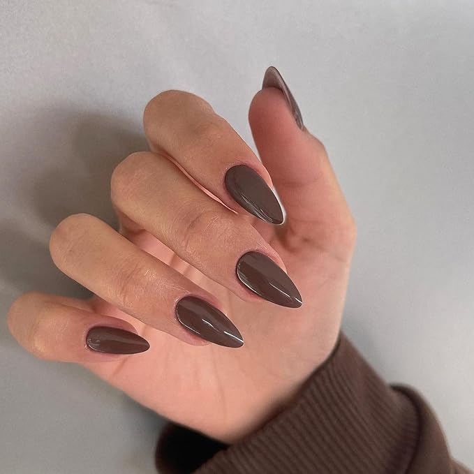 48Pcs Dark Coffee Brown Press on Nails Almond Fake Nails Glue on Nails Medium Length Almond Shaped Nails Press ons, Stiletto Nails False Nails for Women, Thick Medium Almond Nails Acrylic Gel Nail