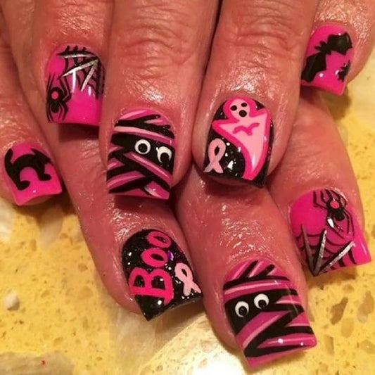 24Pcs Short Square Press on Nails Halloween Fake Nails Black Pink Ribbon Spider Web Cat Bat Design Full Cover Holiday Glue on Nails Horror Ghost False Nails for Women Acrylic Manicure Decorations