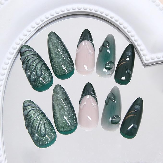 24Pcs Green Press on Nails Medium Almond Fake Nails with 3D Green Ripple Design Handmade Press on French Nails Tips Leaves Pattern Full Cover Glossy Y2k Reusable DIY Nails for Women Nail