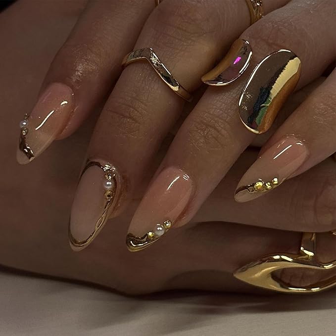 Gold French Tip Press on Nails Medium Almond Fake Nails with Pearl Rhinestone Charms Design 3D Gold Edge False Nails Nude Glue on Nails Elegant Artificial Stick on Nails for Women Girls 24Pcs