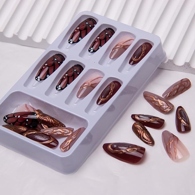 Almond Press on Nails Brown Butterfly Fake Nails 3D Gold Line Acrylic Nails Medium Artificial Nails Glossy French Tip False Nails Glue on Nails for Women Girls Manicure Nails Decoration