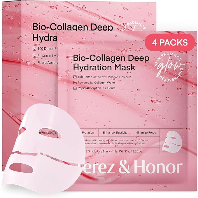 TEREZ & HONOR Korean Real Deep Bio Collagen Face Mask - 4ea x 33g Hydrogel Overnight Masks for Deep Hydration, Glowing, Pore Minimizing, Elasticity, Fragrance-Free, 100 Da Ultra-Low Molecular Collagen