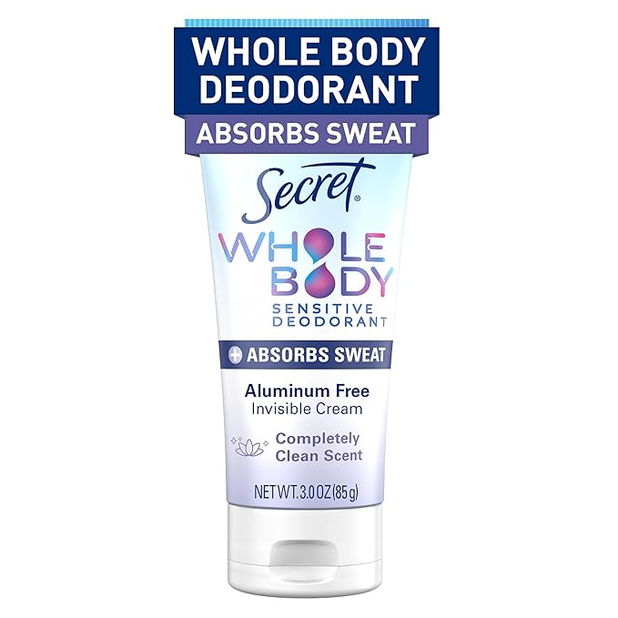Secret Whole Body Deodorant Dry Feel Cream + Absorbs Sweat for Women, Completely Clean Scent, Aluminum Free Deodorant, 72 HR Odor Protection, 3.0 oz