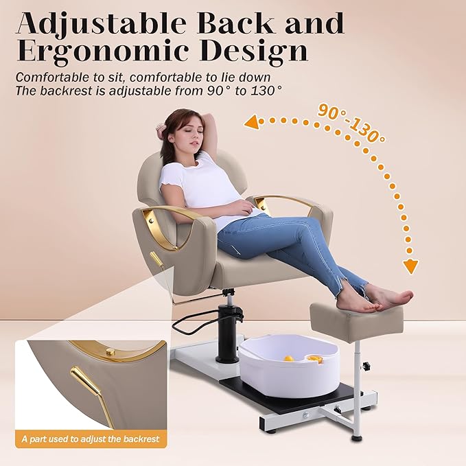 Pedicure Station No Plumbing, Hydraulic Pedicure Chair for Nail Tech, Height Adjustable Reclining Pedicure Station Unit, 360 Degree Swivel Foot Spa Chair with Massage Foot Bath (Grey-Golden)