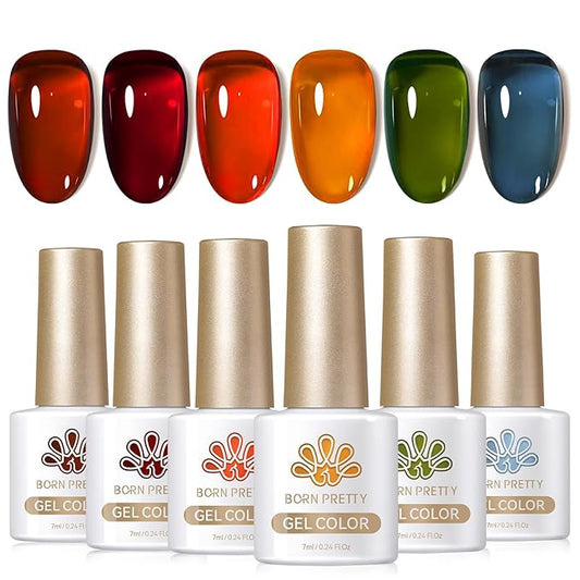 Born Pretty Jelly Gel Nail Polish, Sheer Transparent Crystal Gel Nail Polish, Christmas Brown Red Orange Green Blue Fall Winter Soak off Nail Polish Manicure DIY Home Salon Christmas Gift 7ml 6colors