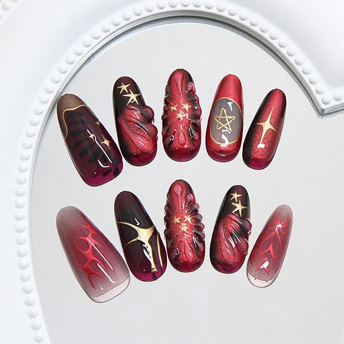 24pcs Red Press on Nails Medium Almond Fake Nails with 3D Glitter Designs French Tip False Nails Star Acrylic Nail Tips Dark Full Cover Glue on Nails for Women Nail Decoration