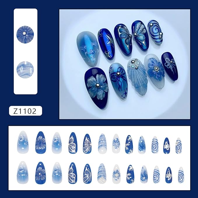 24Pcs Blue Flowers Press on Nails Medium Almond Fake Nails Blue Deep Sea Butterfly, Pearl Shell Pattern Cute Floral Nail Art False Nails Almond-Shaped Stick on Nails Reusable Artificial Nail for Women