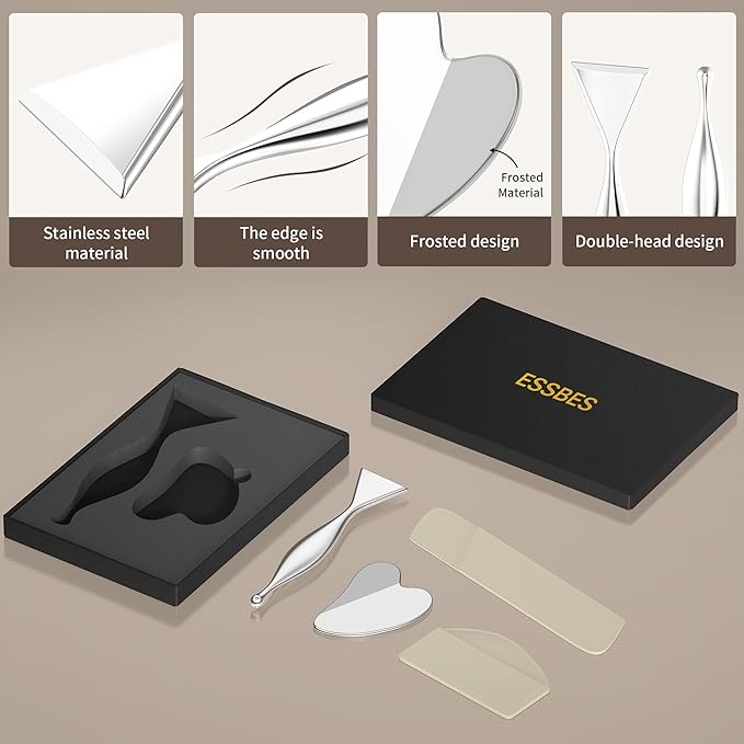 Stainless Steel Gua Sha Board & Acupressure Pen Facial Tools, Lymphatic Drainage Massager for Face, Chin & Jawline Sculpting, Skin Care Gift for Mom Women