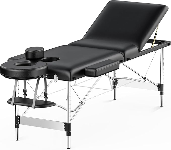 Massage Table Portable 84" Long 24" Wide Professional 3 Sections Reclining Massage Couch, Aluminum Adjustable Esthetician Bed Tattoo Table SPA Lash Salon Bed with Carrying Bag (Black)
