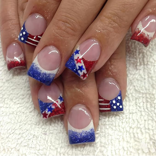 24Pcs Independence Day Nails French Tip Press on Nails Short Square Fake Nails Glitter Nails Tip Acrylic Nails 4th of July False Nails Patriotic Glue on Nails Star Artificial Nail for Holiday Manicure