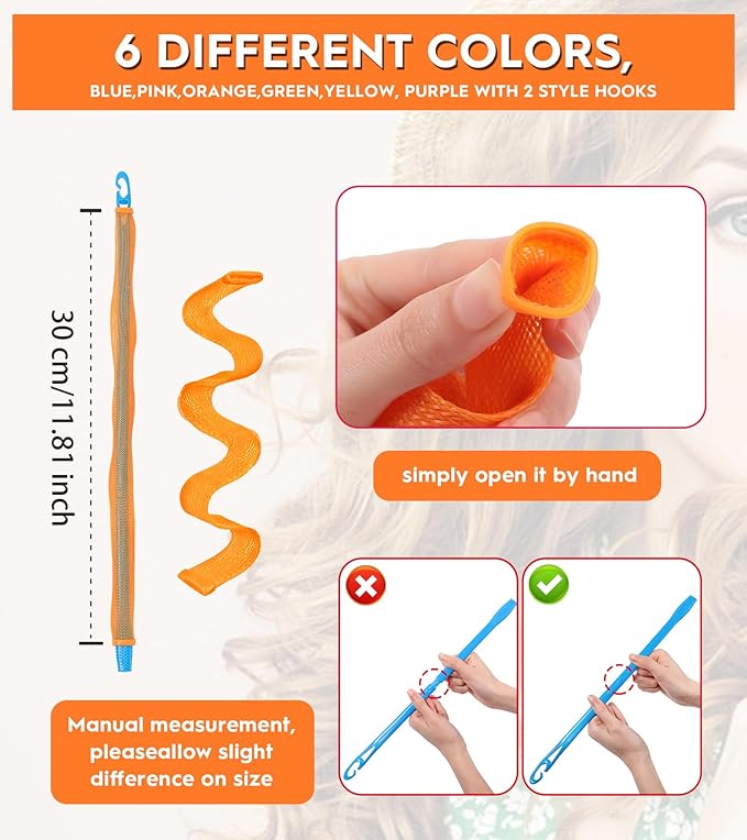 30 Pcs Heatless Hair Curlers Wave Curls Styling Kit with 2 Pcs Styling Hooks, No Heat Hair Curlers Heatless Wave Curlers for Women Girls Long Medium Short Hair (6 Colors, 30 cm/11.81 inch)