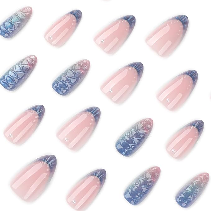 Mivoa Almond Press On Nails Medium, 24PCS Iridescent 3D Mermaid Scale Acrylic Fake Nails with Glue Kit, Gradient Pink Purple Stick On Nails for Women, Reusable Glossy False Nails for Party, Wedding