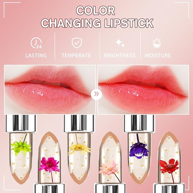 BestLand 3 Pcs/Set Flower Jelly Lipstick Set Temperature Change Moisturizer Long Lasting Nutritious Glossy Shine Lip Balm Magic Gold Crystal PH Color Change Lip Gloss for Women