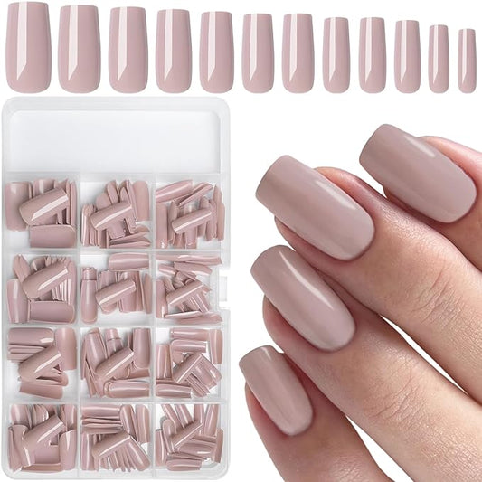 LuckForever 240pc Square Press on Nails Long Fake Nails Glue Press on Nails Square Nail Tips Full Cover Nude Tan Acrylic Nails Press ons Nail False Fingernail with Glue Adhesive Tabs for Women Girls