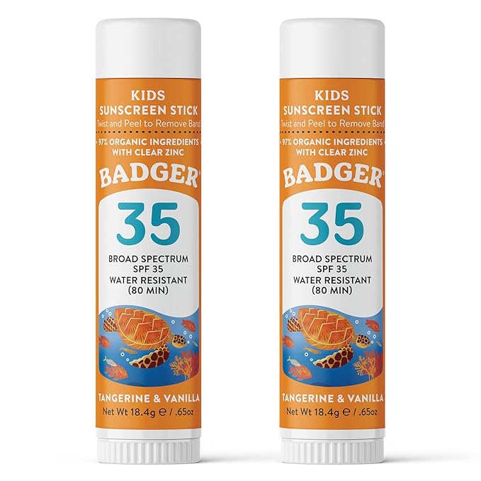 Badger Mineral Kids Sunscreen Face Stick SPF 35, Zinc Oxide Travel Size Sunscreen Stick for Kids, 97% Organic Ingredients, Reef Safe, Water Resistant, .65 oz, 2-Pack