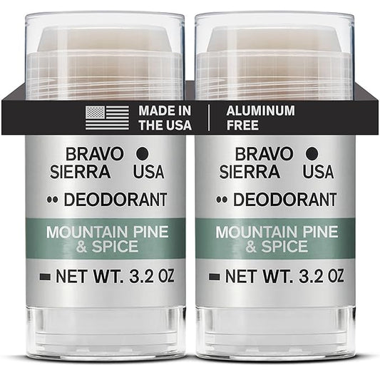Aluminum-Free Deodorant for Men by Bravo Sierra, 2-Pack - Contains Natural Ingredients - Long Lasting All-Day Odor and Sweat Protection - Mountain Pine & Spice - Paraben-Free, Vegan & Cruelty-Free