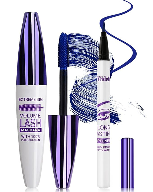 Blue Mascara Liquid Eyeliner Set, Update Longlasting Waterproof Color Eye Liner Pen, 5D Silk Fiber Colored Mascara Volume and Length, Christmas Party Stage Use Eye Makeup Gift Kit for Women Girl-04