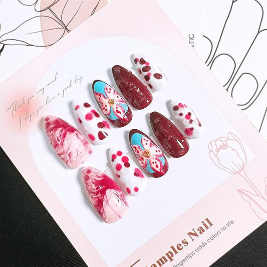 10pcs Halloween Press on Nails Medium Almond Fake Nails with 3D Snake Flower Designs Bloody False Nails Kit Halloween Acrylic Nails Full Cover Stick on Nail for Women Holiday Nail Decoration