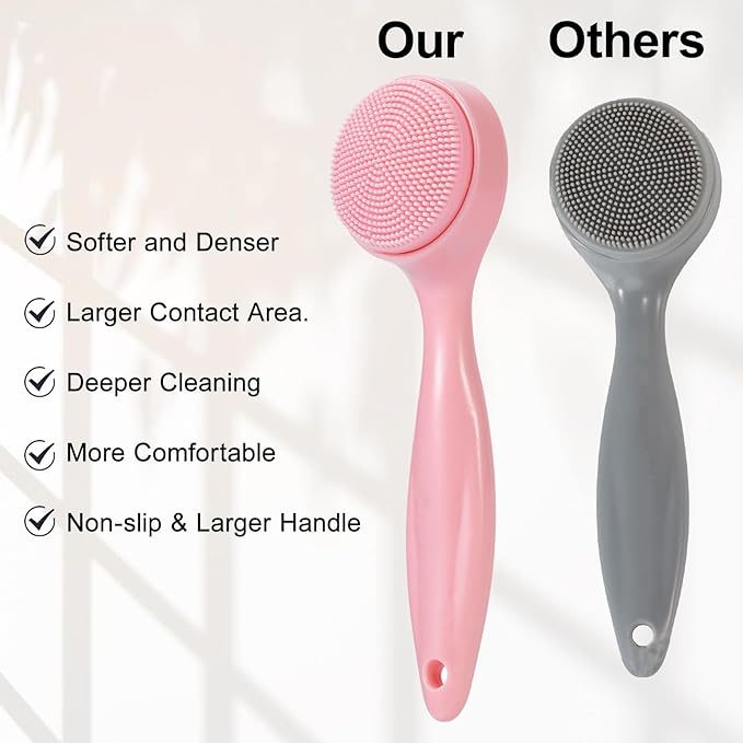 2 Pack Silicone Face Scrubber Exfoliating Brush, Manual Handheld Facial Cleansing Brush Blackhead Scrubber, Soft Bristles Waterproof for Face Skincare (Round-Pink)