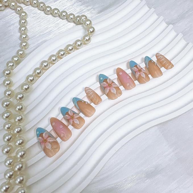 24pcs Blue French Tip Press on Nails Short Almond Fake Nails with 3D Flower Pearl Designs Summer False Nails Floral Acrylic Nails Kit Stick on Nails Full Cover Glue on Nails for Women Nail Decoration