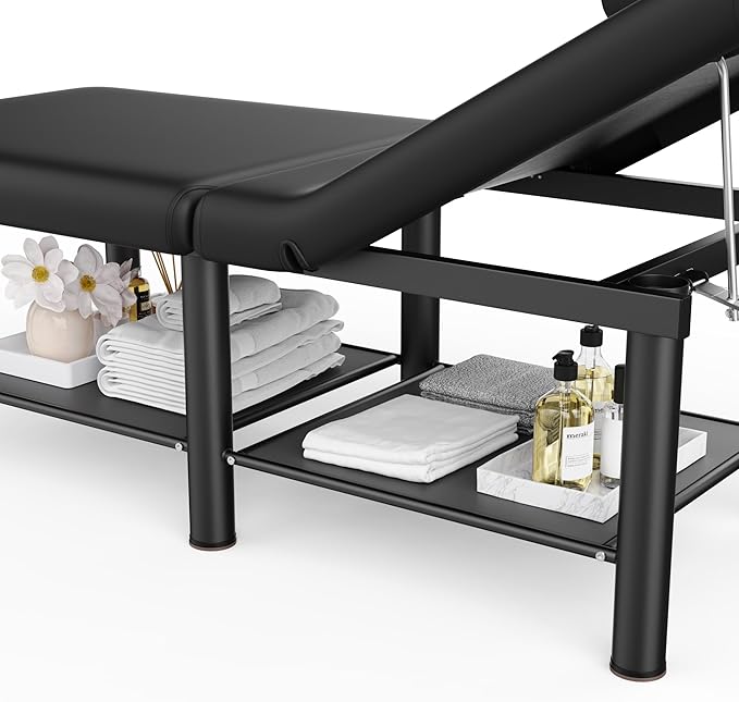 Folding Stationary Massage Table with Backrest and Storage Space, 6 Round Legs Metal Frame PU Leather, 30.5'' Wide × 75'' Long for Treatment Table Physical Therapy Table Spa Facial Bed, Black