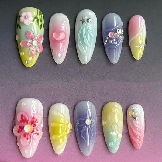 30Pcs Flower Press on Nails Medium Almond Fake Nails Star Bow Heart with Rhinestones Glitter Designs Full Cover Artificial Ombre Nails Summer False Nails Glue on Nails for Women Girls Acrylic Nails