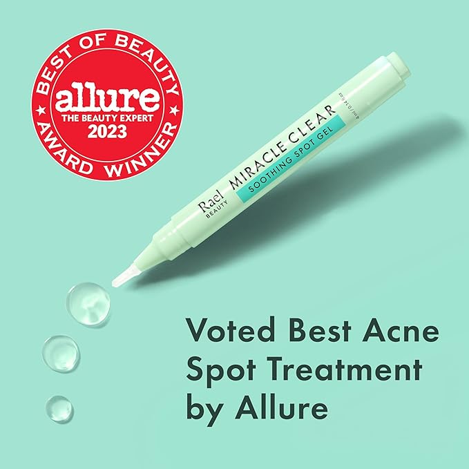 Rael Acne Spot Treatment, Miracle Clear Soothing Spot Gel Pen - Acne Gel, Pimple and Blemish Treatment, Korean Skincare, for Early Stage, Succinic Acid, Tea Tree, Cica, Vegan, Cruelty Free (0.14 oz)