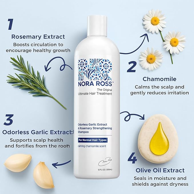 Nora Ross Garlic Extract & Rosemary Strengthening Shampoo and Conditioner Set – Natural Shampoo and Hair Conditioner for Normal to Dry, Brittle Hair – All Natural Scalp Cleanser Formula – 12 oz each