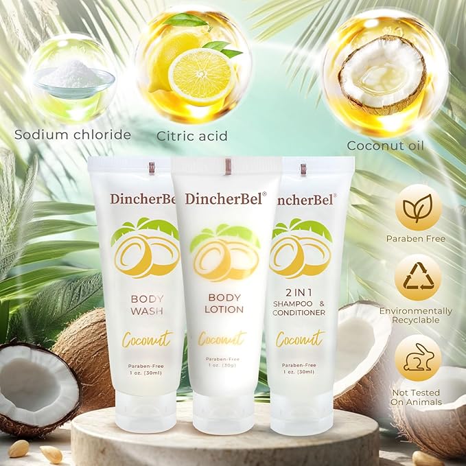 Travel Size Toiletries Kits, Bulk Mini Hotel Guest Amenities (Tropical Coconut, 1oz each), 3-Piece Sets Refreshing Coconut Scent - 50 Shampoo & Conditioner 2 in 1, 50 Body Wash and 50 Body Lotion