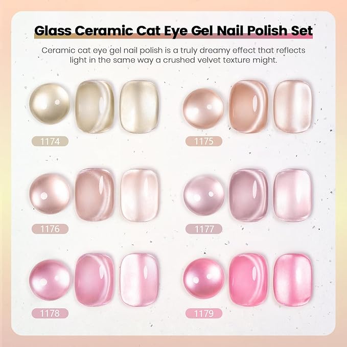 RARJSM Nude Jelly Glass Cat Eye Gel Nail Polish Set 6Pcs Champagne Gold Rose Blush Metal Pink Red Smoothie Ceramics Cateye Silver Glitter Gelpolish with Magnetic Stick UV LED Curing Require Home Salon