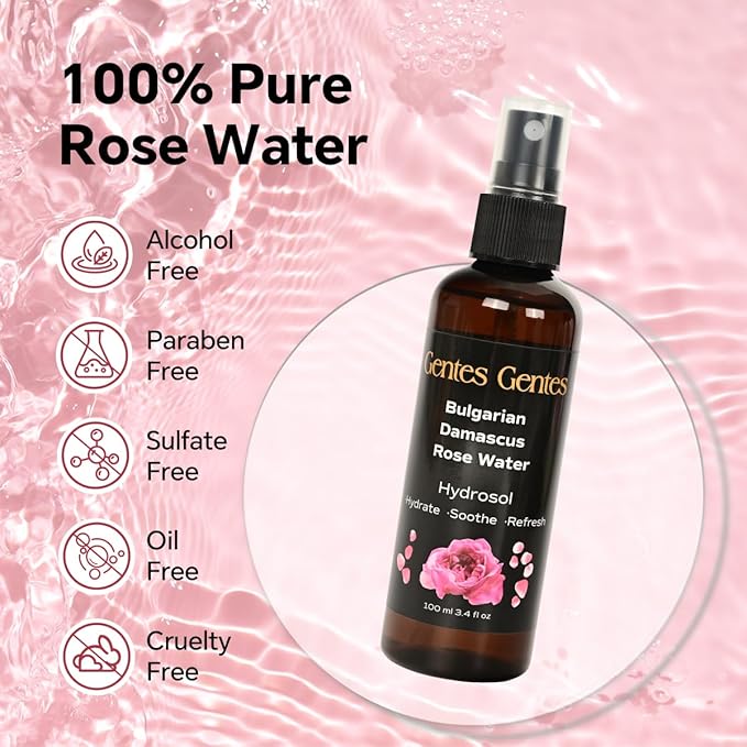 100% Pure Bulgarian Damascus Rose Water Hydrosol – Luxury Facial Toner for Hydration & Radiant Skin, Body Mist & Pillow Spray | Natural Skincare | 3.4 fl oz