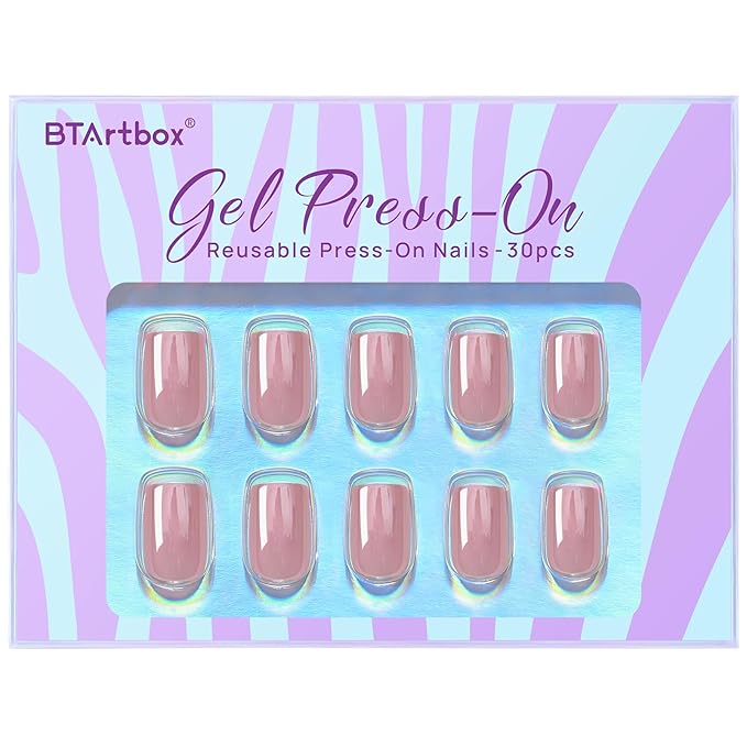 BTArtbox Press On Nails Short - Square Press On Nail, Pink Chrome Nail Tips Glue On Nails with Nail Glue, Reusable Stick On Nails in 15 Sizes - 30 Soft Gel Fake Nails Kit, Lotus Glazed