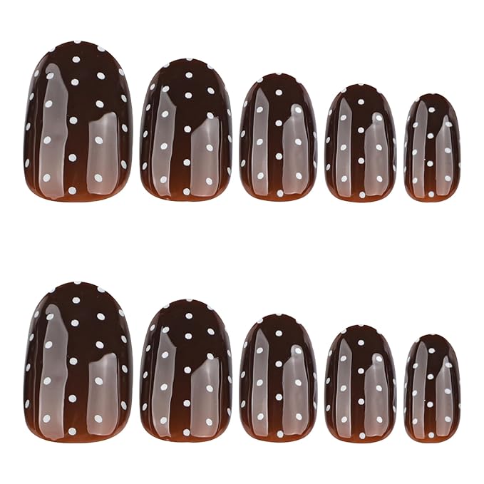 Polka Dots Press on Nails Dark Brown Fake Nails Fall Nail Press ons Short Almond False Nail with Design Reusable Artificial Acrylic Glossy Full Cover Glue on Nails for Women Girls Manicure 24Pcs